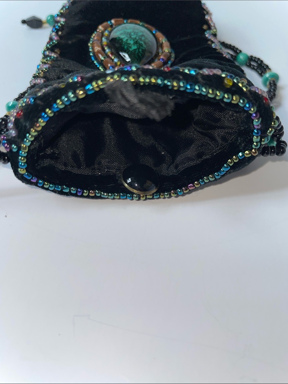 Vintage silk & Black Velvet Beaded Crossbody Pouch with Turquoise Accent - Picture 8 of 8
